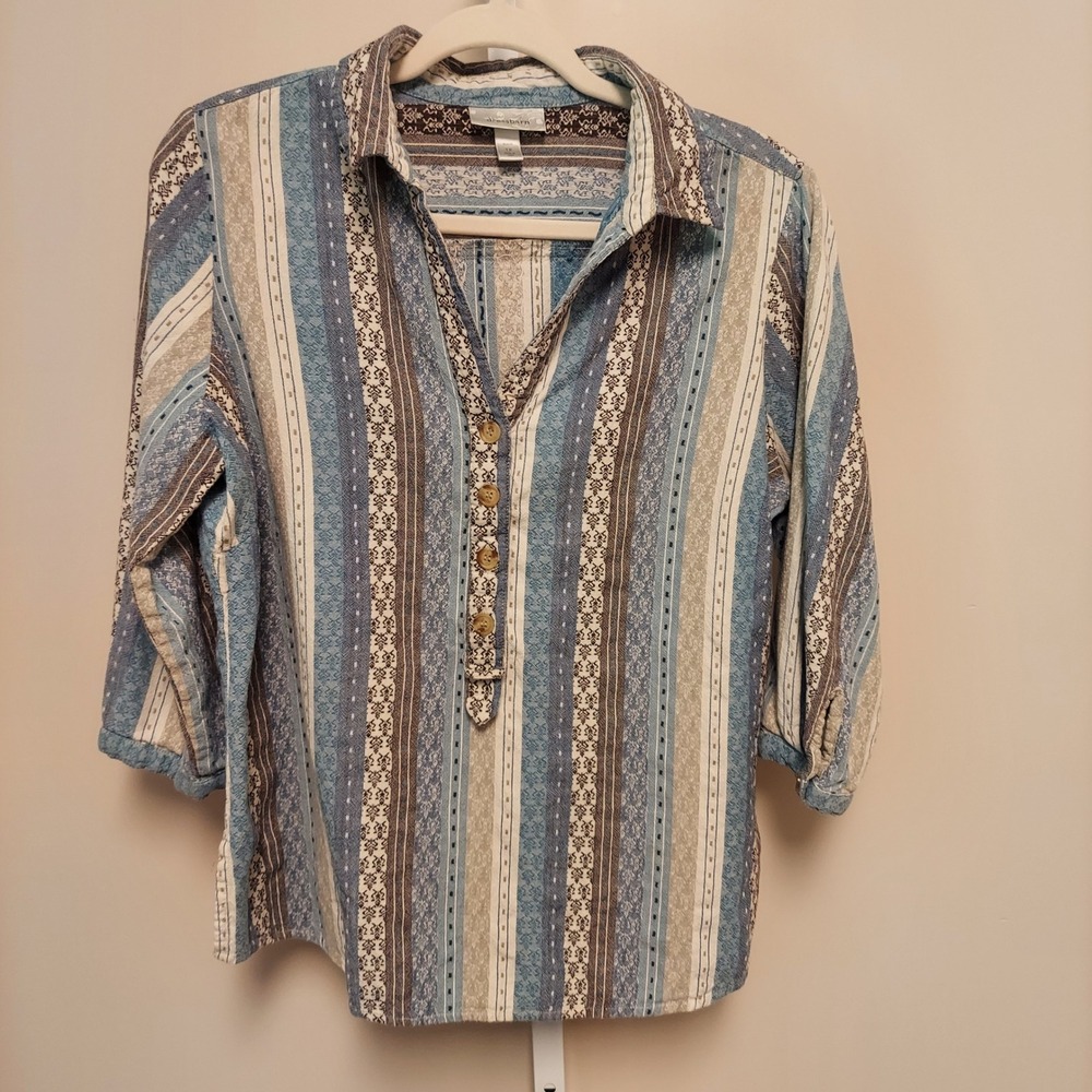 Dressbarn Woman 1X Blue Striped Cotton Top 3/4 Sleeve Boho Coastal Cottage